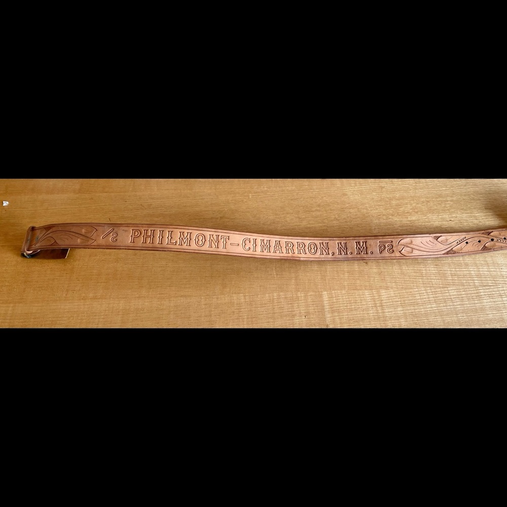Philmont Sz 32. Hand tooled leather belt with brass buckle